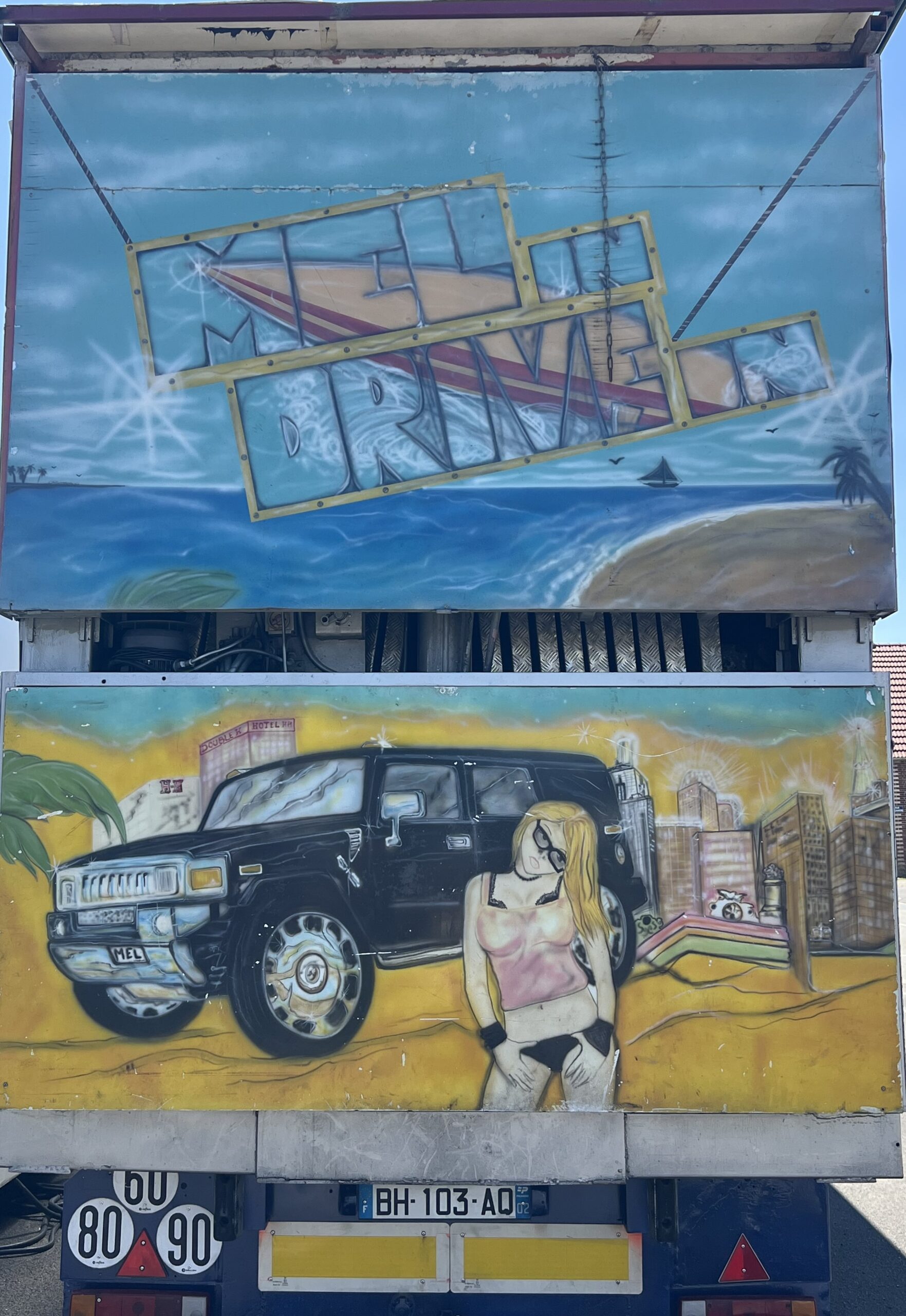 A painting on a truck.